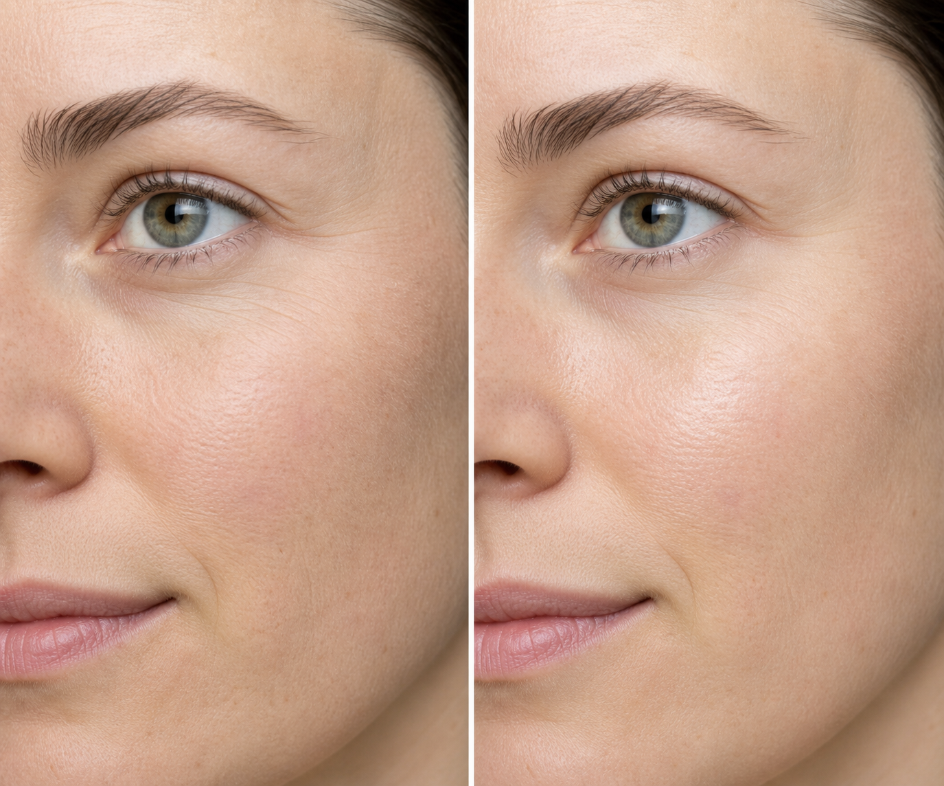 Before and after close-up comparison of naturally textured skin